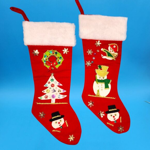 Vintage 1960s Felt Stockings Angel Snowman Wreath Faux Fur Sequins Beads Set - Picture 3 of 10